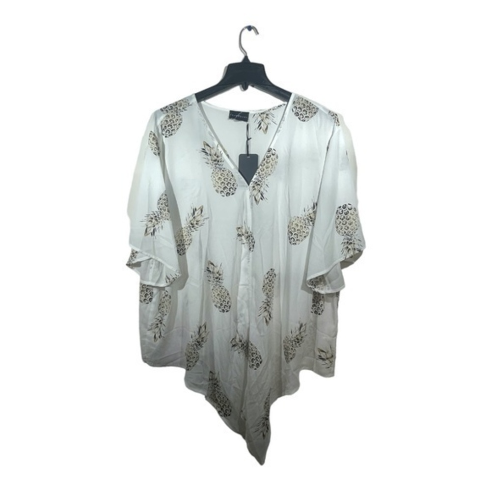 Fenomenon Womens Tie Front Blouse Pineapple Print Chiffon Button Down Size 2X